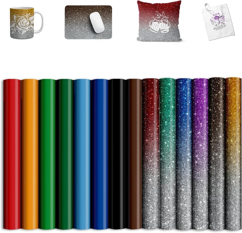 SPHOSWHP Sublimation Transfer Ink Sheets for Cricut Heat Press, Solid Color Glitter Pre-Inked Transfer Paper for T-Shirts, Mugs, Tumblers, 12"x10",14pcs - Image 1